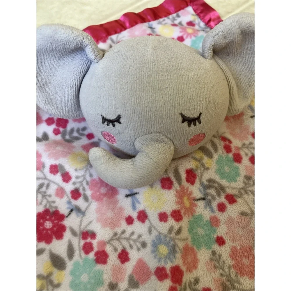 Parent's Choice Elephant Security Blanket Lovey Pink Floral Satin Trim Backing